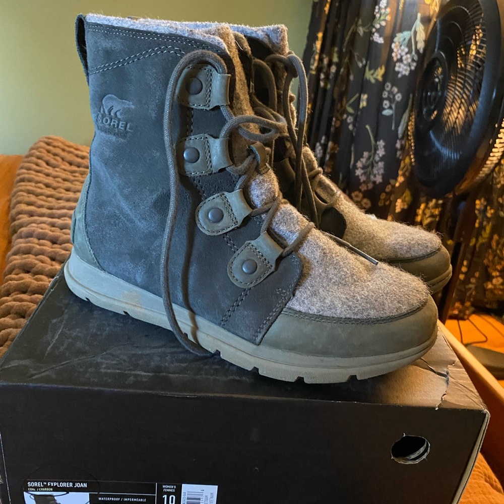 Sorel Explorer Joan Boots - Dark Gray and Tan